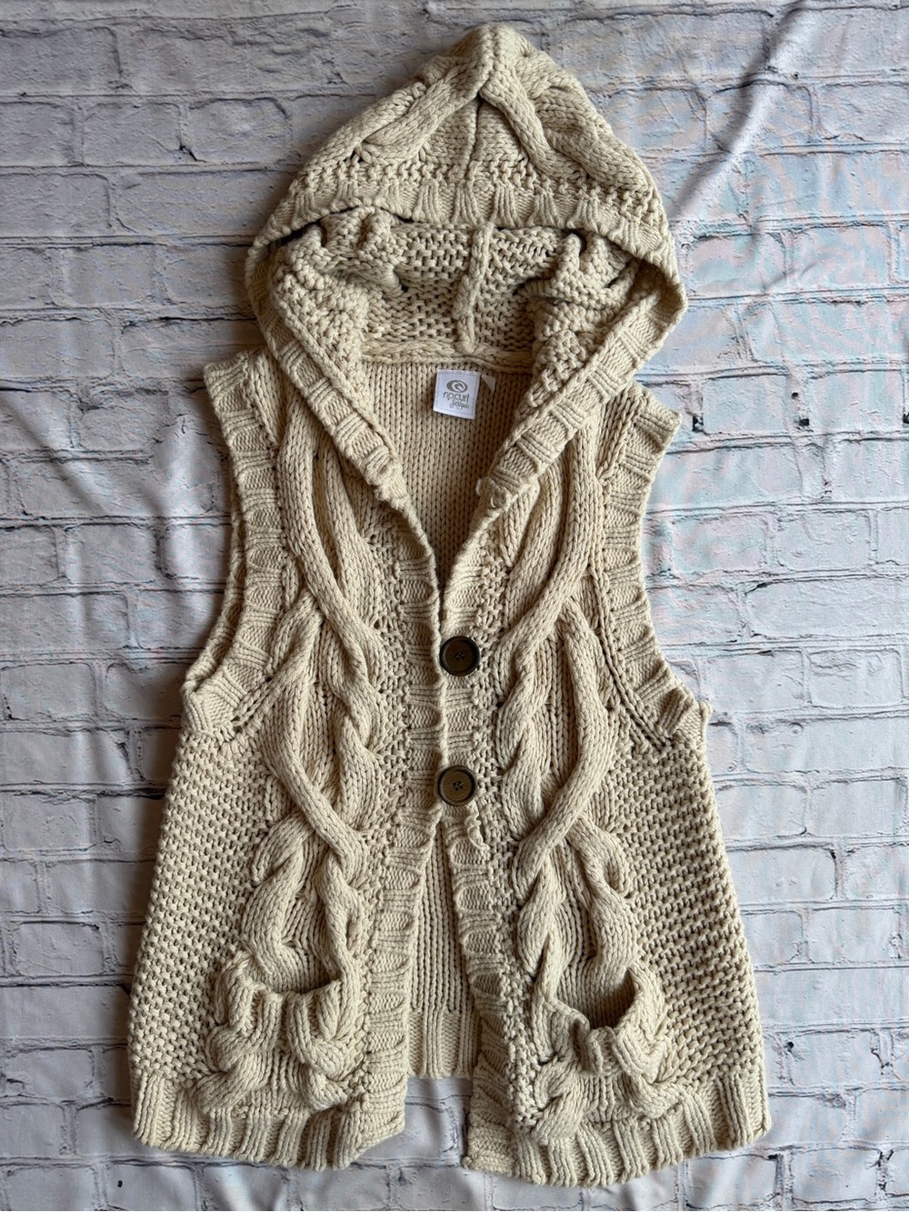 Rip Curl Large Chunky Knit Neutral Beige Sweater Vest Hooded Beachy Womens